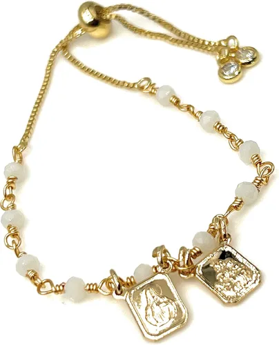 Vista 2 de Pulsera escapular católica con cuentas de cristal blanco ajustable M Cristal Chapado en oro