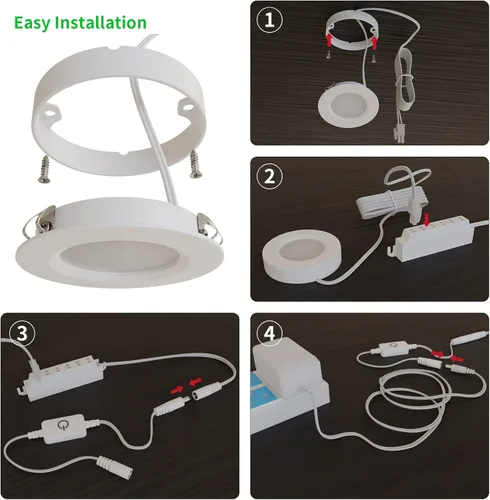Vista 7 de Luces LED de disco con cable, regulables debajo del gabinete, carcasa de aluminio con interruptor táctil, paquete de 3 unidades de 9 W 3000 K blanco