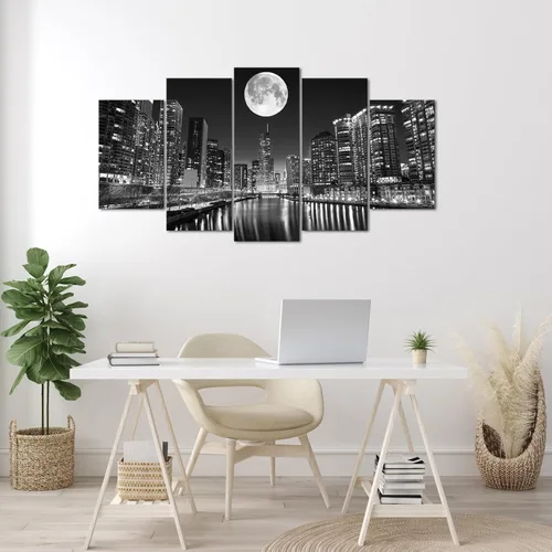 Vista 5 de Biuteawal Arte de pared de 5 paneles de paisaje urbano en la noche de la luna, pintura moderna de ciudad en blanco y negro para el hogar, oficina