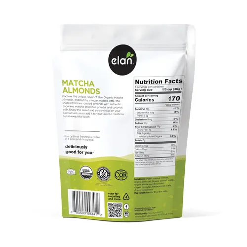 Vista 2 de Elan Almendras orgánicas matcha, 5.6 onzas, sin OMG, sin gluten, veganas, kosher, nueces con infusión de superalimentos