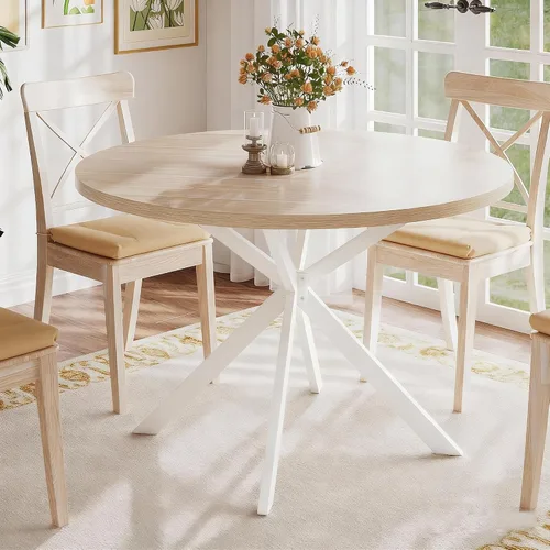 Vista 13 de Mesa de comedor redonda ChooChoo para 2, mesa de cocina de madera estilo granja, mesa de cena circular para cocina y comedor, espacio pequeño, 80