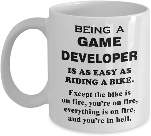 Vista 3 de Regalo divertido para diseñador de juegos, montar una bicicleta en el fuego, taza de café, diseño de videojuegos, inspiración, diseño de taza de té