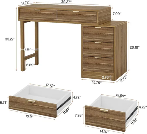 Vista 2 de Tribesigns Escritorio para computadora con 5 cajones, escritorio pequeño reversible con almacenamiento, mesa de estudio de madera vintage, estación