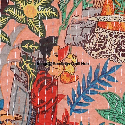 Vista 5 de Frida Kahlo - Manta acolchada de algodón estampada hecha a mano india, colcha Kantha Work bohemia para decoración de cama, manta