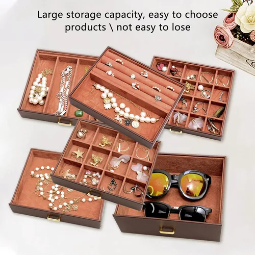 Vista 5 de AKOZLIN - Organizador de joyas grande de 6 niveles, con cerradura, funcional y enorme, con 5 cajones, de cuero, para mujeres y niñas, para anillos