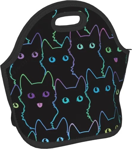 Vista 2 de Nerxy Bolsa de almuerzo de neopreno con aislamiento para gatos, bolsa pequeña para niños y adultos, bolsa térmica negra, contenedor reutilizable