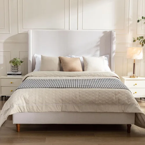 Vista 14 de Boucle - Cama de cabecera alta tamaño Queen, base de cama tapizada con cabecera de 54 pulgadas de alto, listones de madera resistentes y marco