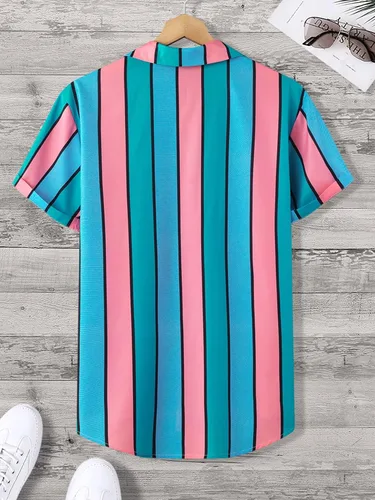 Vista 2 de OYOANGLE Camisa casual de manga corta con botones y estampado de rayas de bloque de color para hombre