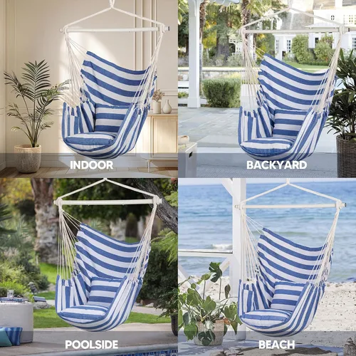 Vista 8 de SUNCREAT Sillas tipo hamaca con barra de soporte de acero, azul y blanco