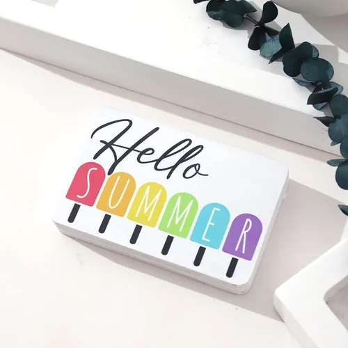 Vista 6 de Letrero de bandeja escalonada con texto en inglés «Hello Summer» – Letrero envejecido, decoración rústica, mini letrero, decoración de granja