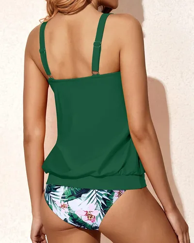 Vista 2 de Yonique Trajes de baño estilo tankini con blusón para mujer, de dos piezas, ajuste holgado, sencillo y estampado floral.