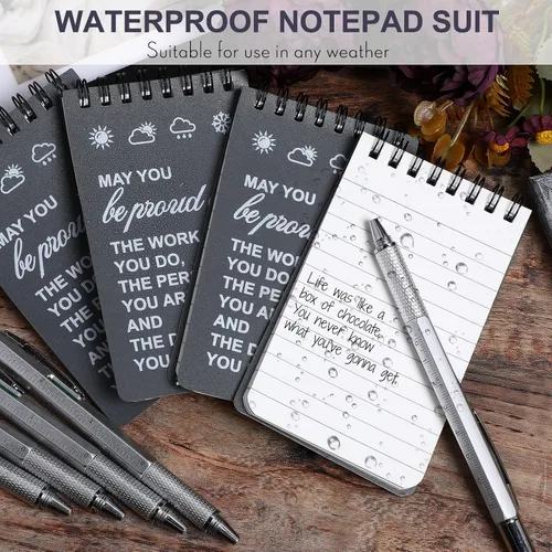 Vista 6 de Cuaderno impermeable de 24 piezas con juego de bolígrafos multiherramienta que incluye 3 x 5 bloc de notas de bolsillo en espiral superior y Gris