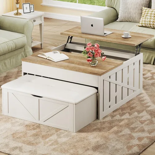 Vista 10 de HUAHUU Mesa auxiliar elevable, cuadrada de 31.5 pulgadas, con almacenamiento, mesa de centro con compartimento oculto grande, mesa central con mesa