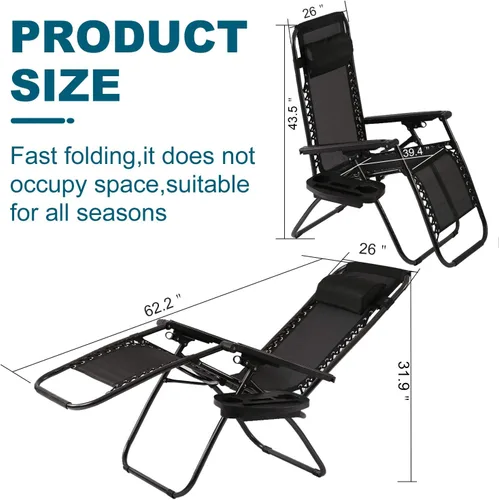 Vista 3 de HCY Sillas de gravedad cero para exteriores, sillas reclinables ajustables para exteriores, sillas de patio plegables con portavasos y almohadas