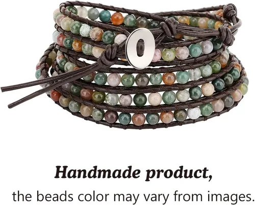 Vista 4 de Emibele - Pulsera de piel con capas, remache con estampado de leopardo, estilo bohemio, de capas múltiples, hecha a mano, con cuentas de cristal