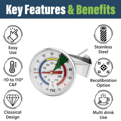 Vista 2 de Termómetro de leche para vaporizar leche - Ideal como termómetro de temperatura de café con sonda de acero inoxidable de 175 mm y clip para café