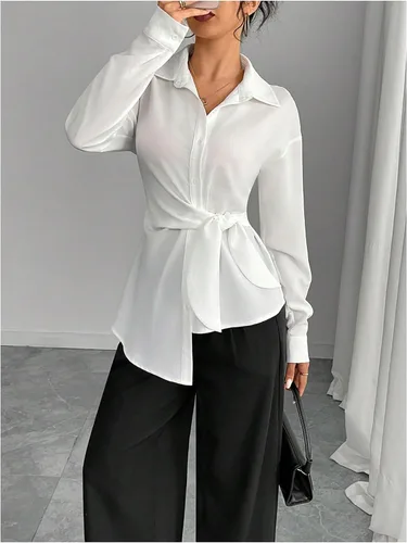 Vista 5 de MakeMeChic Camisa de manga larga con botones para mujer, blusa de negocios elegante con lazo lateral