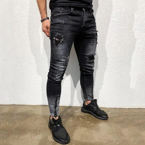 Vista 3 de Pantalones de entrenamiento con cremallera para hombre con bolsillo, pantalones de mezclilla elásticos ajustados para hombre, desgastados, rasgados