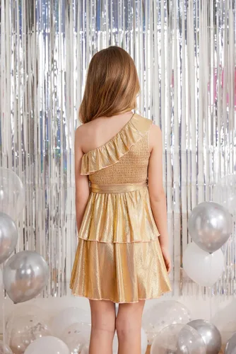 Vista 5 de Danna Belle Vestido de fiesta de verano para niñas, con un hombro, volantes, escalonado, ropa de regalo, tallas 5-14