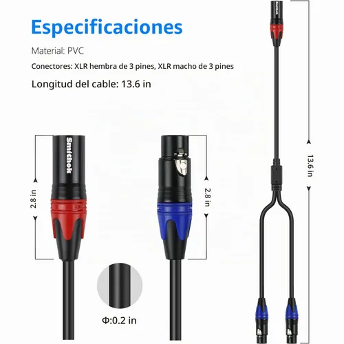 Vista 3 de Smithok Cable de micrófono divisor XLR Y de 1 macho a 2 hembras, 3 pines XLR 2 hembra a 1 macho, cable combinador Y cable de audio equilibrado