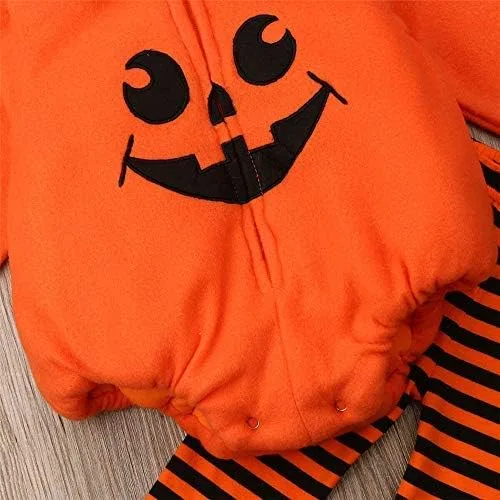 Vista 5 de Disfraz de calabaza de Halloween para bebé recién nacido lindo mameluco con capucha