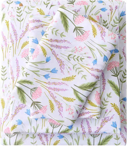 Vista 15 de Viviland Juego de sábanas tamaño matrimonial con estampado botánico de mariposas y flores rosadas y moradas, 4 piezas, sábanas de microfibra suave