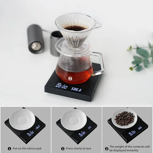 Vista 8 de Báscula de Café TIMEMORE Basic 2.0, Báscula Electrónica de Espresso con Temporizador, 2000 Gramos y Tasa de Flujo de Agua con Función