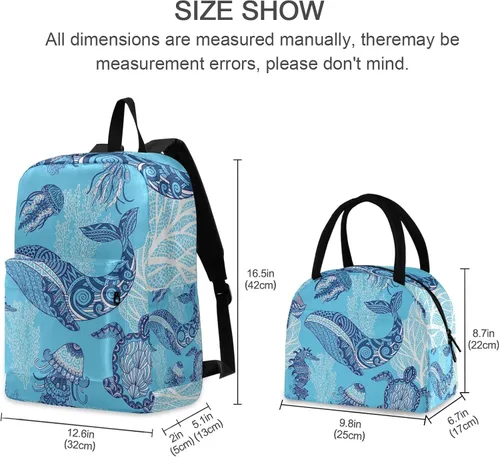 Vista 2 de Whale Jellyfishes - Mochila de tortuga con lonchera para niños y niños, juegos de mochila para niñas, Tortuga Medusas Ballena
