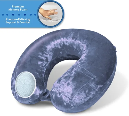 Vista 4 de Cloudz Luxe Crushed Velvet Ultra Premium Comforlite Almohada de cuello de viaje en avión con máscara de dormir lujosamente suave a juego, azul acero