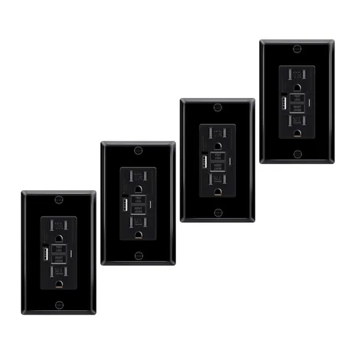 Vista 57 de Toma GFCI negra de 15 amperios con puertos USB C y USB-A, 1 unidad de 24 W de autotprueba GFCI USB Combo con indicador LED, resistente a