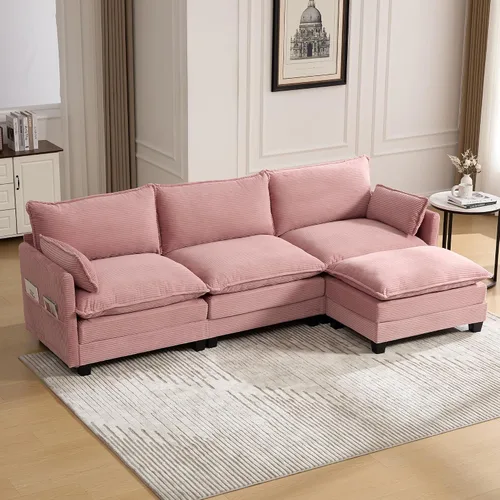 Vista 21 de Sofá seccional en forma de U de gran tamaño con asiento profundo de pana con marco de madera maciza, sofá modular cómodo moderno con reposabrazos