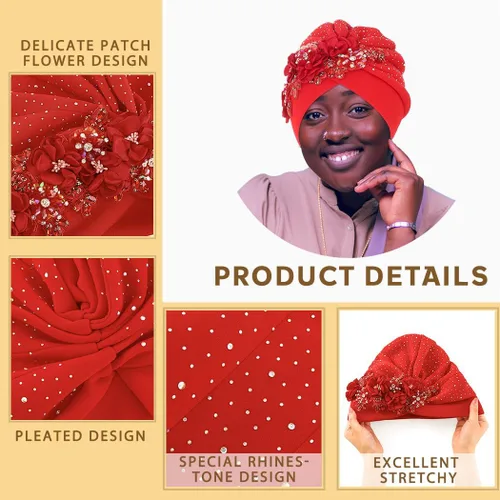Vista 3 de Bohend Gorro de turbante con diamantes de imitación de flor africana, gorro musulmán preatado, gorro de lentejuelas para la cabeza, pañuelo elástico
