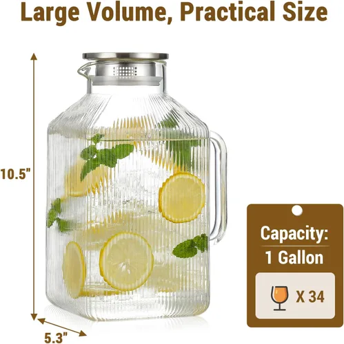 Vista 3 de Jarra de vidrio cuadrado grueso de 1 galón con tapa, jarras de agua clásicas a rayas para refrigerador, jarra de vidrio de borosilicato para bebidas