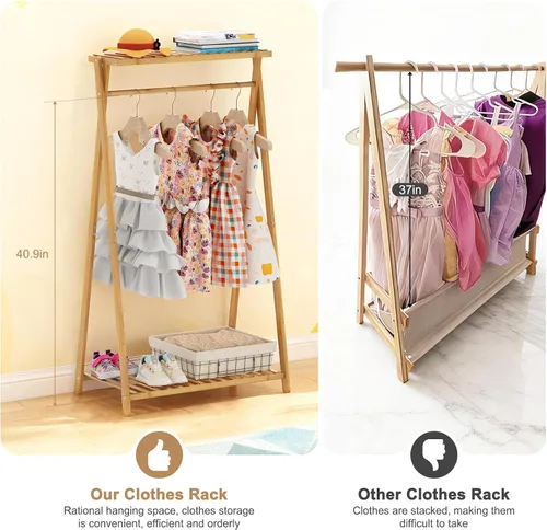 Vista 5 de Perchero de bambú para niños, pequeño estante de ropa para niños, estante de vestir para niños con 2 estantes de almacenamiento, perchero portátil