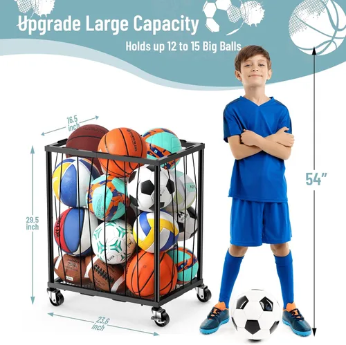 Vista 2 de TomCare Estante de almacenamiento rodante para pelotas de garaje, soporte de baloncesto de gran capacidad con cuerda elástica