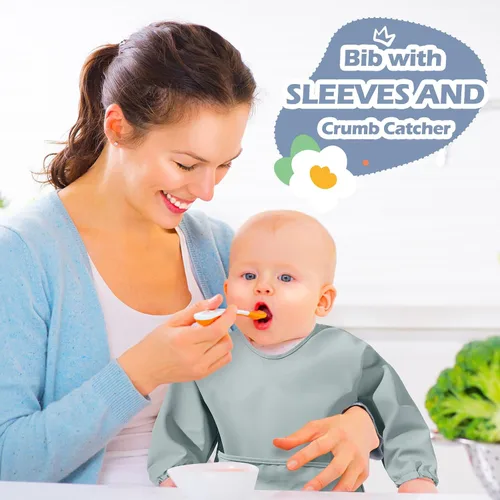 Vista 7 de JaGely Paquete de 4 baberos de manga larga para bebé, impermeables, con puños elásticos, bolsillo grande para bebés que comen y alimentan de 6 a 36