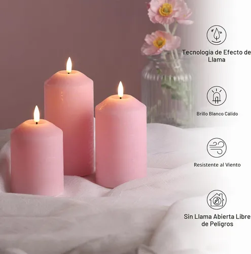 Vista 4 de Eywamage Velas de pilar sin llama rosa con control remoto, velas LED parpadeantes de cera a pilas, juego de 3