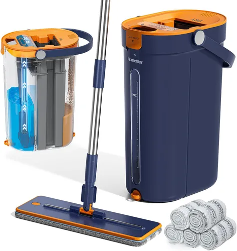 Vista 11 de Juego de fregona y cubo con escurridor, sistema de fregona plana de 3 tanques y cubo, limpiador de fregona de pared con mango largo, fregonas sin