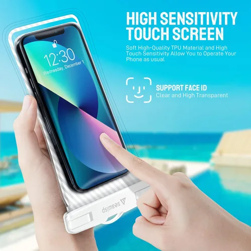 Vista 4 de Funda impermeable para teléfono [diseño de bolsa de aire flotante] Funda universal IPX8 para teléfono celular con cordón para iPhone 16 15 14 13 Pro