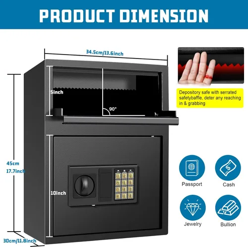 Vista 2 de Caja fuerte de depósito digital, caja fuerte de depósito con teclado grande, ranura gruesa, llaves de acero de respaldo