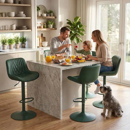 Vista 4 de YOUTASTE Juego de 2 taburetes de bar de piel sintética, todos los taburetes de bar tapizados de color verde oscuro con respaldo, silla giratoria