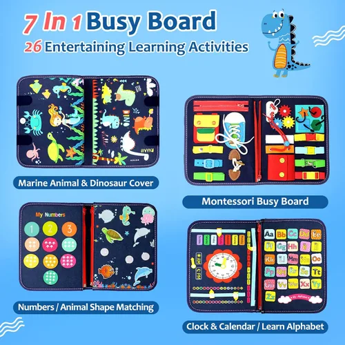 Vista 3 de Qizfun Montessori Tablero Ocupado y Libro Ocupado para Niños Pequeños – Juguete Sensorial y de Aprendizaje que Mantiene a los Niños Ocupados