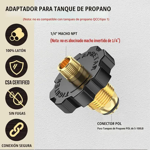 Vista 2 de 1 enchufe adaptador de tanque de gas propano POL con exceso de flujo a rosca macho NPT de 1/4 pulgadas, conector de tanque de propano de 5-100