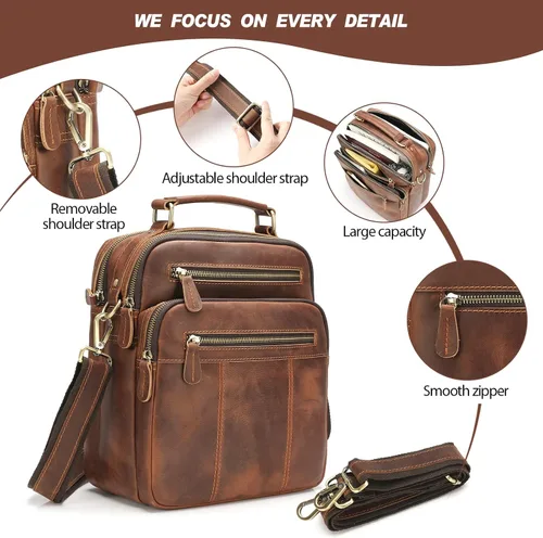 Vista 5 de Jack&Chris Bolso de hombro de cuero para hombre, bolsas cruzadas pequeñas para el trabajo, bolso de mano para hombre, Marrón