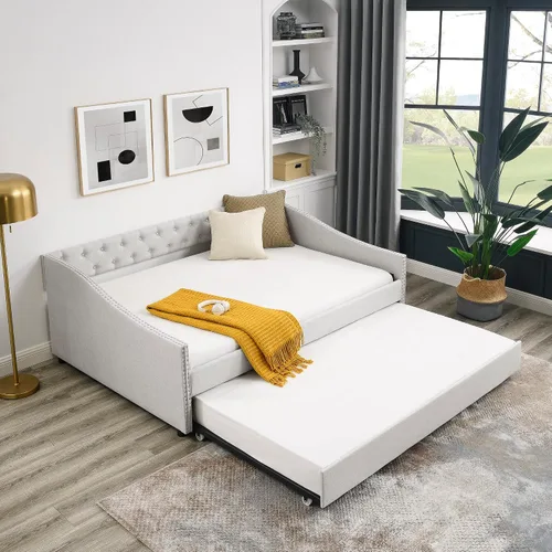Vista 13 de Linuque - Sofá cama tapizado de tamaño matrimonial con 2 cajones de almacenamiento, marco de sofá cama de madera maciza con respaldo copetudo