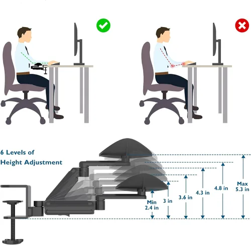 Vista 5 de BONTEC Reposabrazos ajustable para escritorio, almohadilla ergonómica para codo, soporte de brazo de escritorio giratorio de 360° y extensible