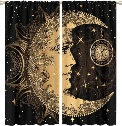 Vista 94 de Cortinas opacas con diseño de sol y luna, cuerpos celestes bohemios, con diseño de sol, luna y estrellas, para sala de estar, dormitorio, 42 x 45