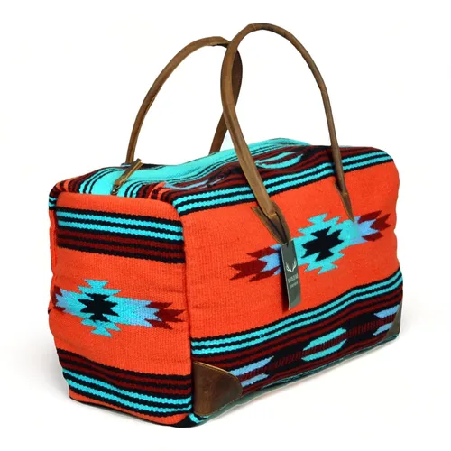 Vista 4 de Southwestern Boho Aztec Large Weekender Duffel Bag Handwoven 100% Leather Handles (Sedona)