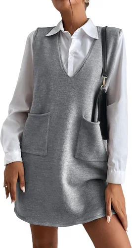 Vista 14 de OYOANGLE Vestido corto de punto con cuello en V sin mangas para mujer, liso, con bolsillos Verde militar
