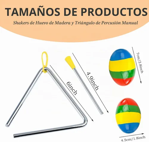 Vista 4 de Pandereta de madera de 6 pulgadas, instrumento Guiro con forma de pez, maracas de madera, cocteleras de huevos, triángulo de acero musical de 6